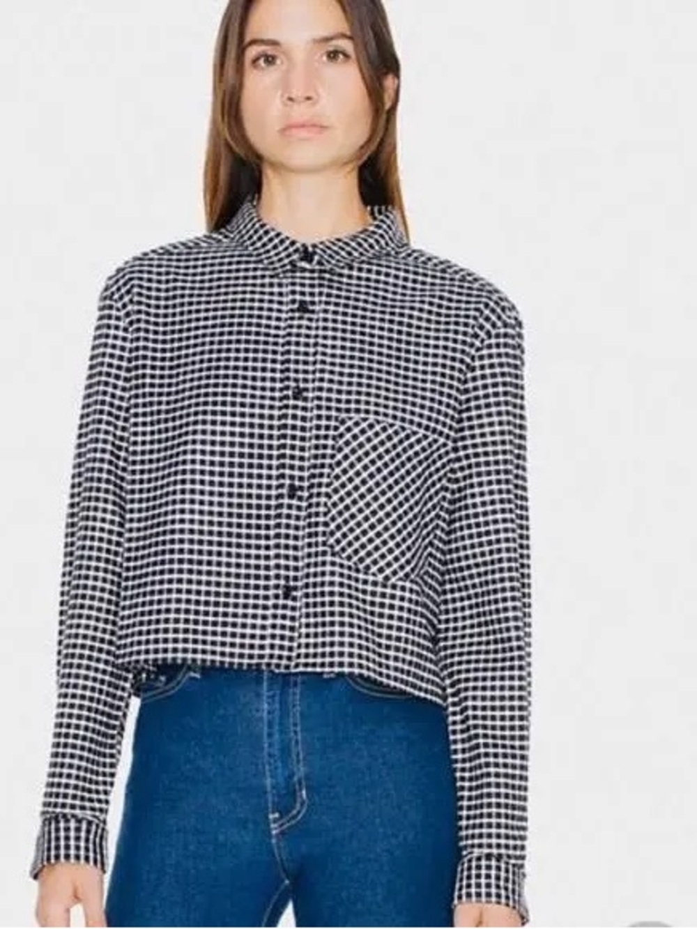 American Apparel Navy and White Check Button-Down Flannel Shirt - large